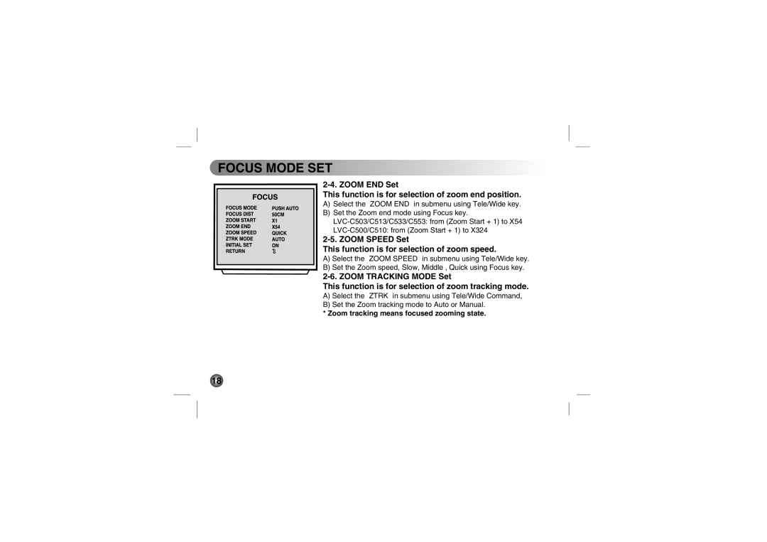 LG Electronics LVC-C510, LVC-C553, LVC-C533, LVC-C530, LVC-C513 Zoom Speed Set This function is for selection of zoom speed 