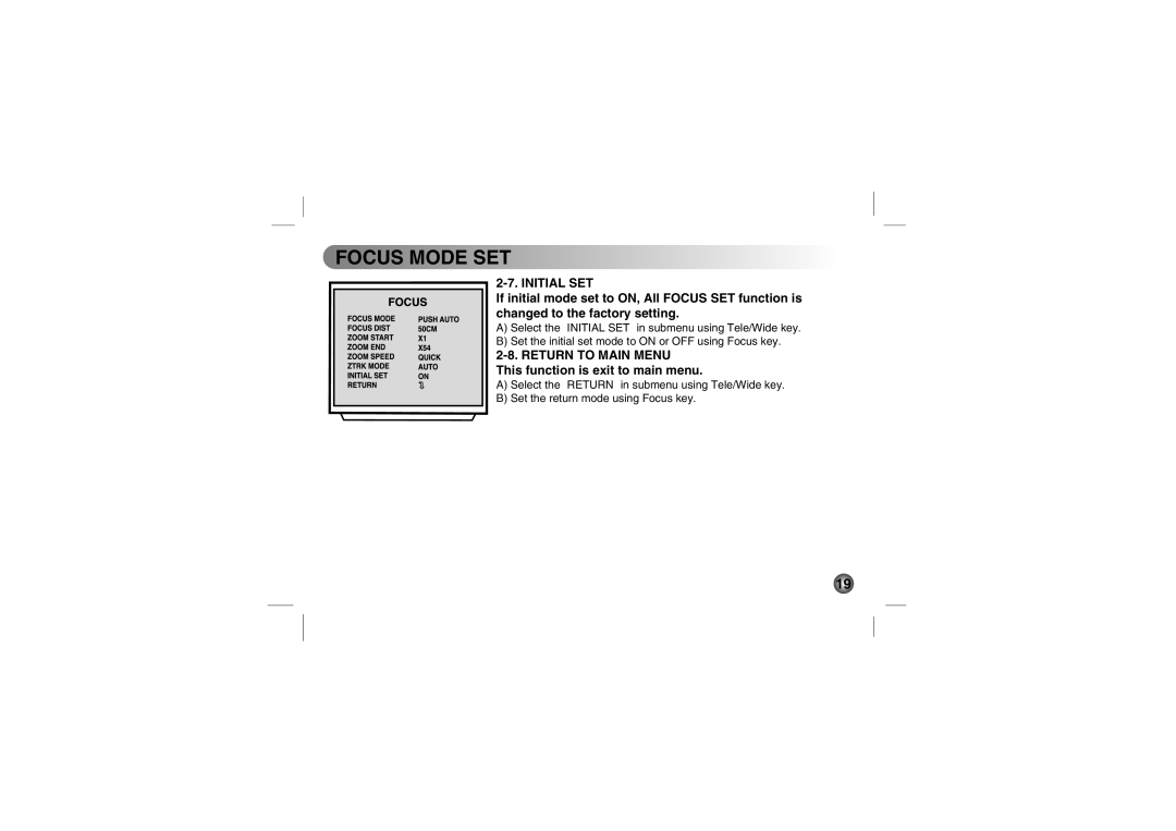 LG Electronics LVC-C500, LVC-C553, LVC-C533, LVC-C530 Initial SET, Return to Main Menu, This function is exit to main menu 