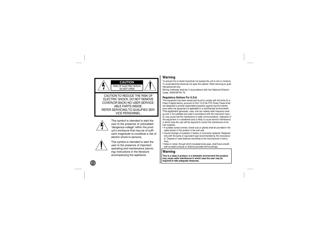 LG Electronics LVC-C530, LVC-C553, LVC-C533, LVC-C513, LVC-C510, LVC-C500, LVC-C503 manual Electric SHOCK, do not Remove 