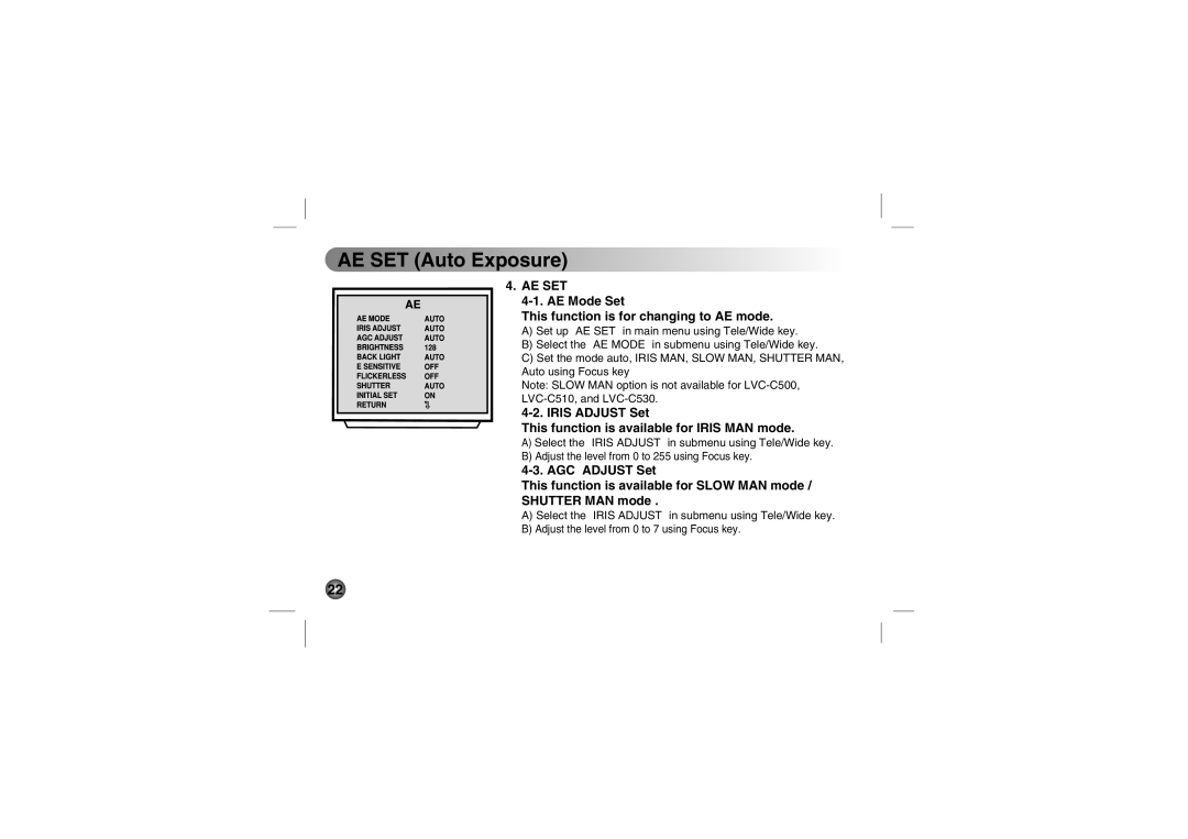 LG Electronics LVC-C533, LVC-C553 manual AE SET Auto Exposure, Ae Set, AE Mode Set This function is for changing to AE mode 