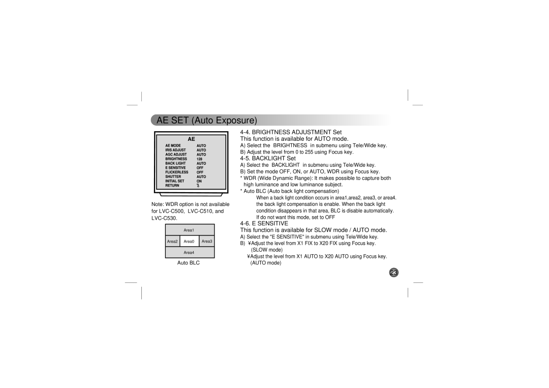 LG Electronics LVC-C530, LVC-C553, LVC-C533 Backlight Set, Sensitive, This function is available for Slow mode / Auto mode 