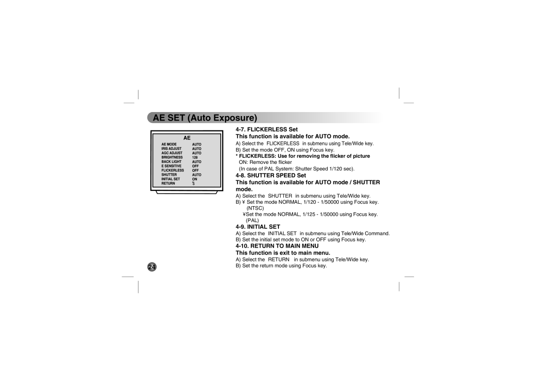 LG Electronics LVC-C513, LVC-C553, LVC-C533, LVC-C530, LVC-C510 manual Flickerless Set This function is available for Auto mode 