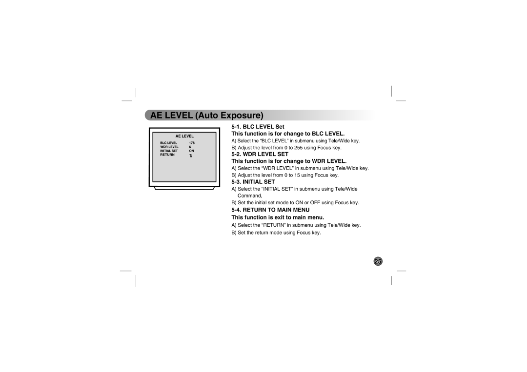 LG Electronics LVC-C510 AE Level Auto Exposure, BLC Level Set This function is for change to BLC Level, WDR Level SET 