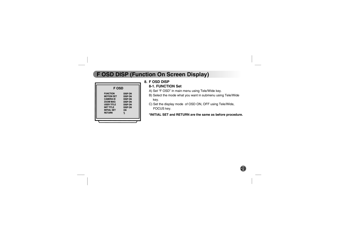 LG Electronics LVC-C533, LVC-C553, LVC-C530, LVC-C513, LVC-C510, LVC-C500 OSD Disp Function On Screen Display, Function Set 