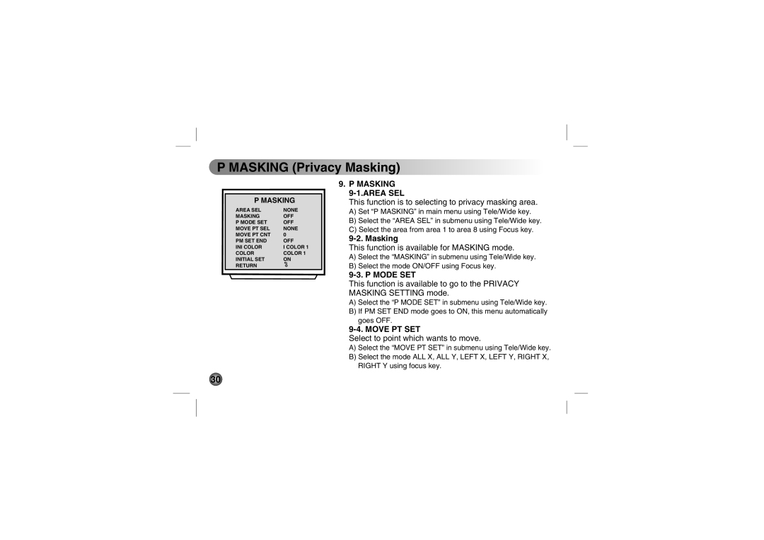 LG Electronics LVC-C530, LVC-C553, LVC-C533, LVC-C513 manual Masking Privacy Masking, Masking Area SEL, Mode SET, Move PT SET 