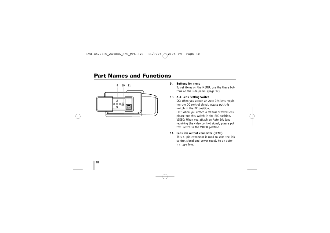 LG Electronics LVC-SX703PC/OC/MC, LVC-SX703PB/OB/MB Buttons for menu, Tons on the side panel, ALC Lens Setting Switch 