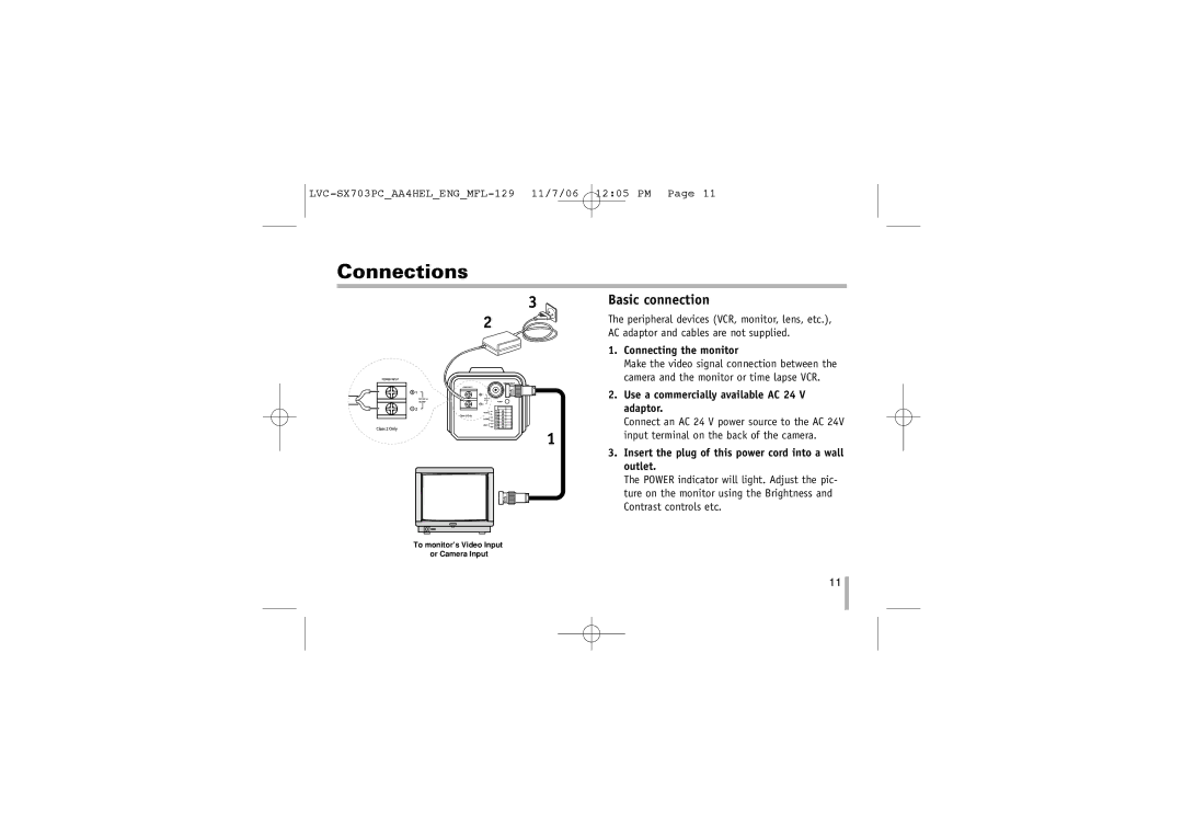 LG Electronics LVC-SX703PB/OB/MB, LVC-SX703PC/OC/MC instruction manual Connections, Basic connection, Connecting the monitor 