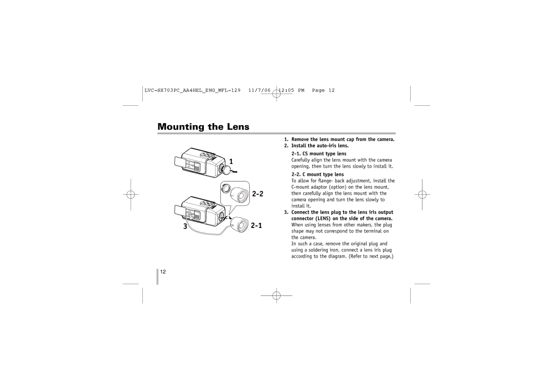 LG Electronics LVC-SX703PC/OC/MC, LVC-SX703PB/OB/MB instruction manual Mounting the Lens, Mount type lens 