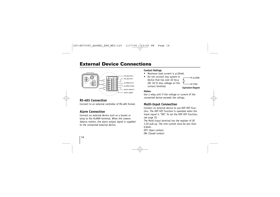 LG Electronics LVC-SX703PC/OC/MC External Device Connections, RS-485 Connection, Alarm Connection, Multi-Input Connection 