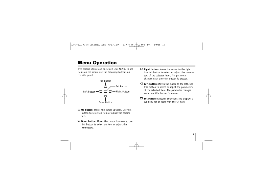 LG Electronics LVC-SX703PB/OB/MB, LVC-SX703PC/OC/MC instruction manual Menu Operation 