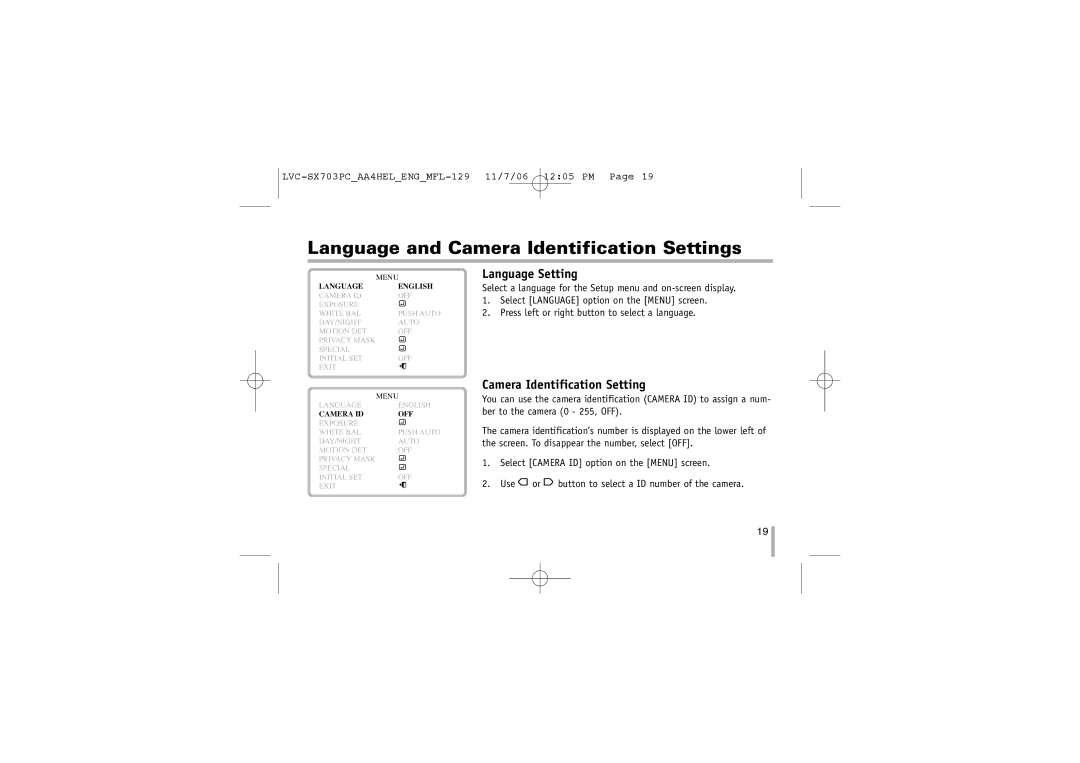 LG Electronics LVC-SX703PB/OB/MB, LVC-SX703PC/OC/MC Language and Camera Identification Settings, Language Setting 