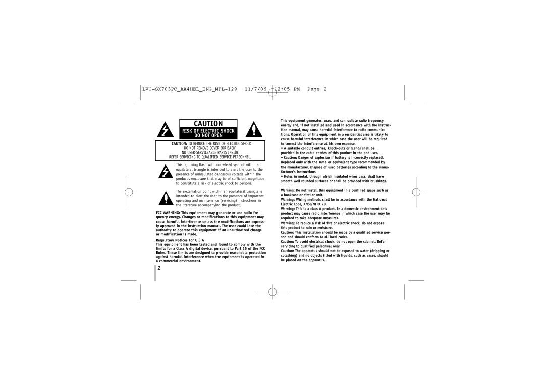 LG Electronics LVC-SX703PC/OC/MC, LVC-SX703PB/OB/MB instruction manual Risk of Electric Shock Do not Open 