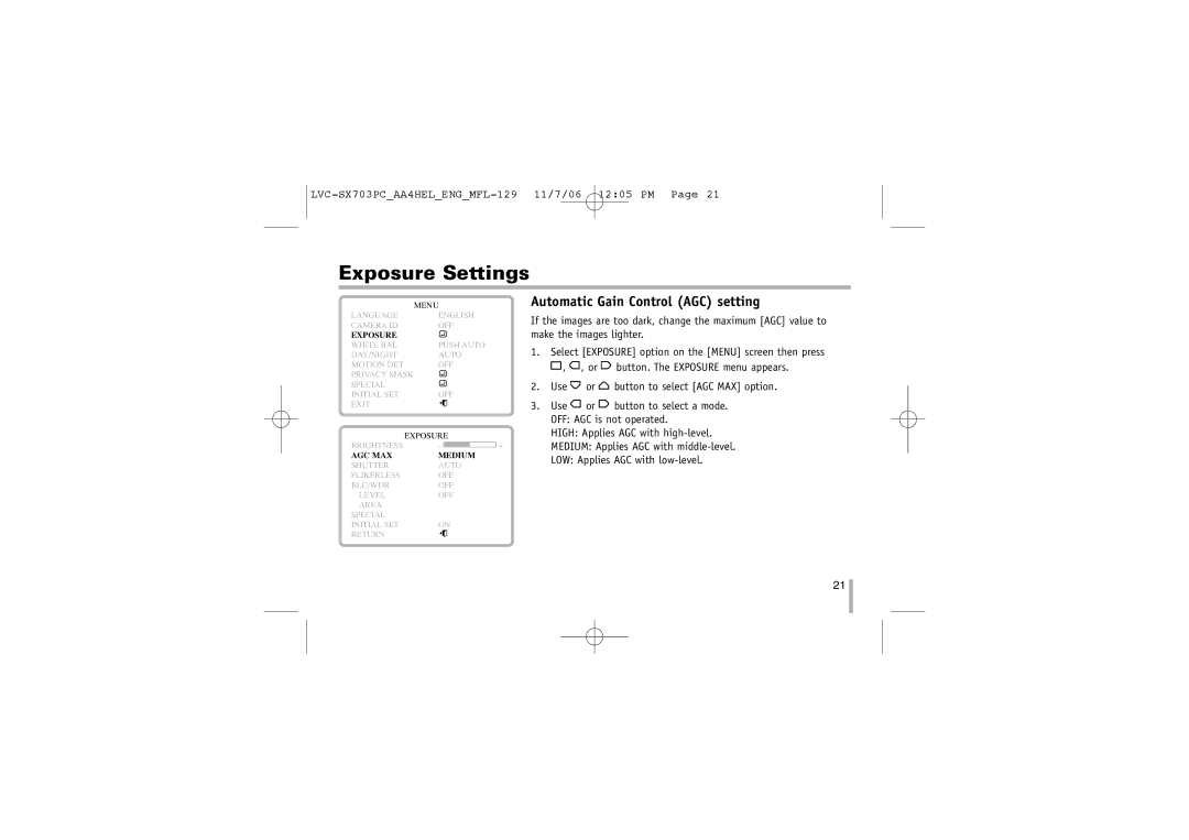 LG Electronics LVC-SX703PB/OB/MB, LVC-SX703PC/OC/MC instruction manual Automatic Gain Control AGC setting, Exposure 