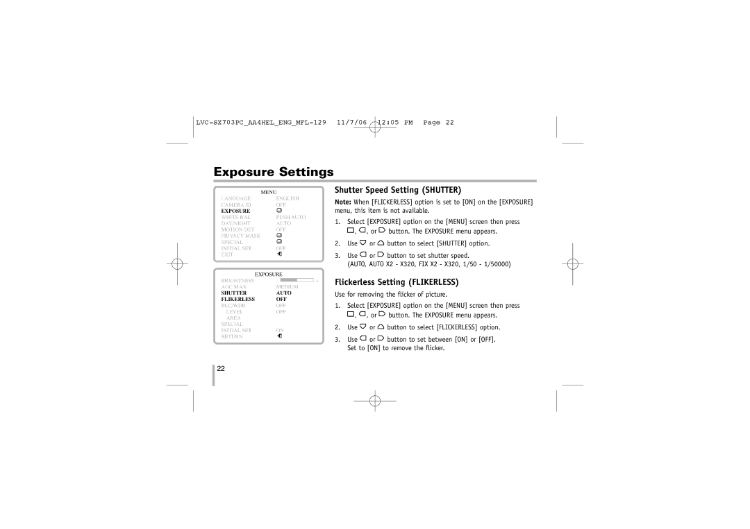 LG Electronics LVC-SX703PC/OC/MC, LVC-SX703PB/OB/MB Shutter Speed Setting Shutter, Flickerless Setting Flikerless 