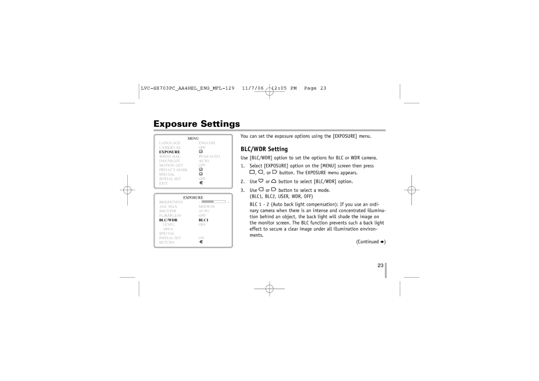 LG Electronics LVC-SX703PB/OB/MB BLC/WDR Setting, You can set the exposure options using the Exposure menu 