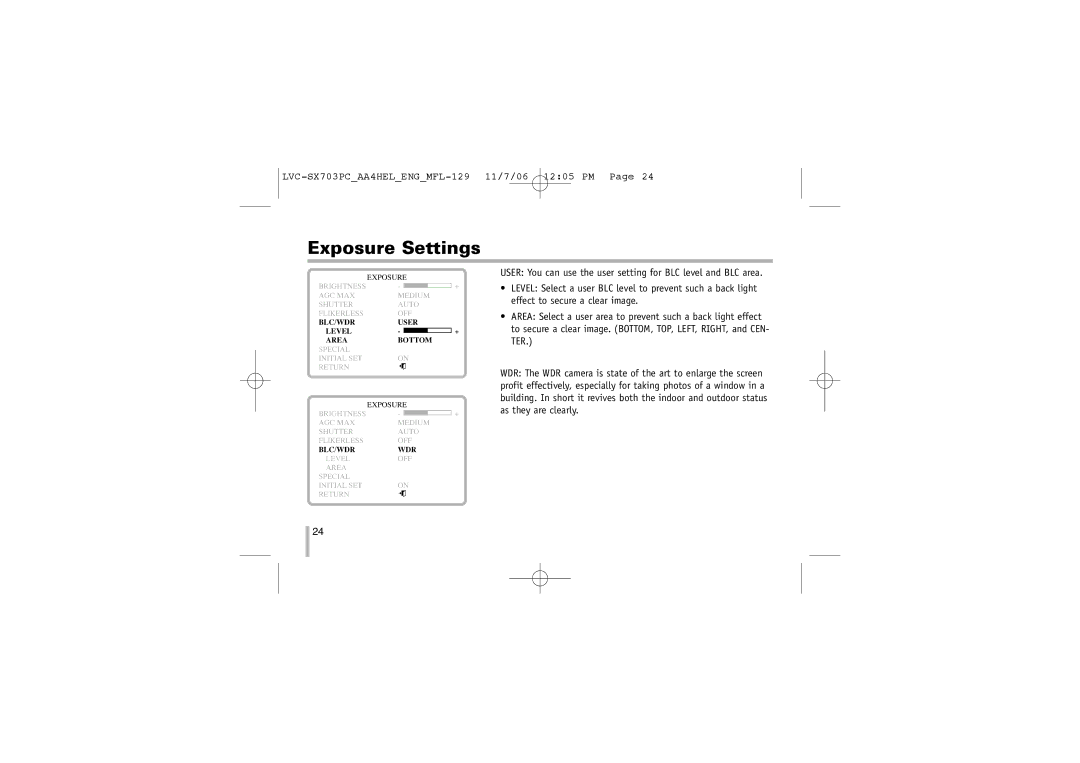 LG Electronics LVC-SX703PC/OC/MC, LVC-SX703PB/OB/MB instruction manual BLC/WDR User Level Area Bottom 