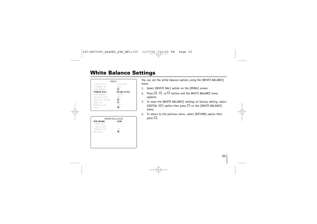 LG Electronics LVC-SX703PB/OB/MB, LVC-SX703PC/OC/MC instruction manual White Balance Settings 