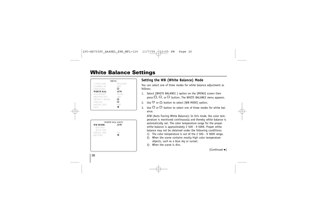 LG Electronics LVC-SX703PC/OC/MC, LVC-SX703PB/OB/MB instruction manual Setting the WB White Balance Mode 