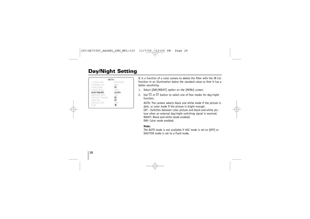 LG Electronics LVC-SX703PC/OC/MC, LVC-SX703PB/OB/MB instruction manual Day/Night Setting 