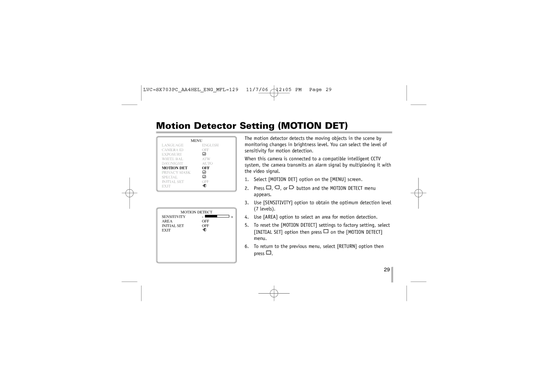 LG Electronics LVC-SX703PB/OB/MB, LVC-SX703PC/OC/MC instruction manual Motion Detector Setting Motion DET 