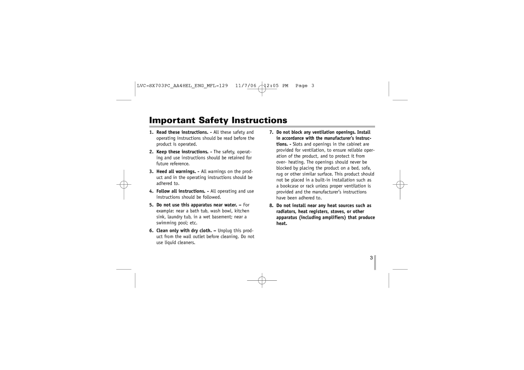 LG Electronics LVC-SX703PB/OB/MB, LVC-SX703PC/OC/MC instruction manual Important Safety Instructions 