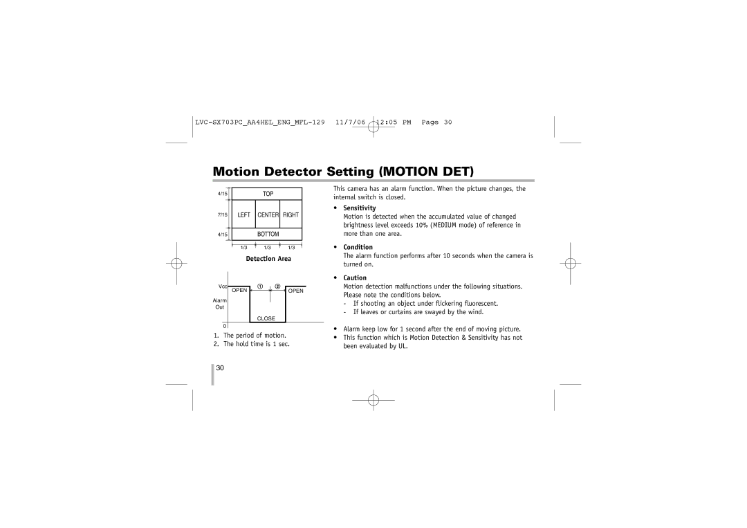 LG Electronics LVC-SX703PC/OC/MC, LVC-SX703PB/OB/MB instruction manual Detection Area, Sensitivity, Condition 