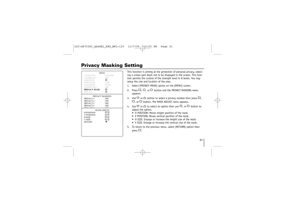 LG Electronics LVC-SX703PB/OB/MB, LVC-SX703PC/OC/MC instruction manual Privacy Masking Setting 