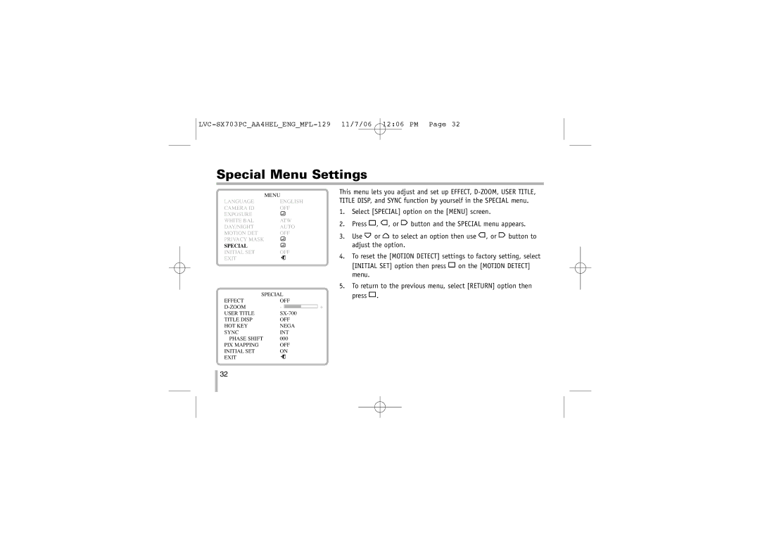 LG Electronics LVC-SX703PC/OC/MC, LVC-SX703PB/OB/MB instruction manual Special Menu Settings 