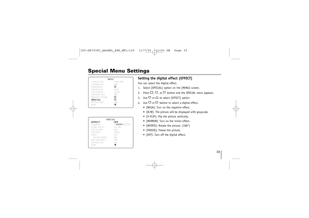 LG Electronics LVC-SX703PB/OB/MB, LVC-SX703PC/OC/MC instruction manual Setting the digital effect Effect, Effect OFF 