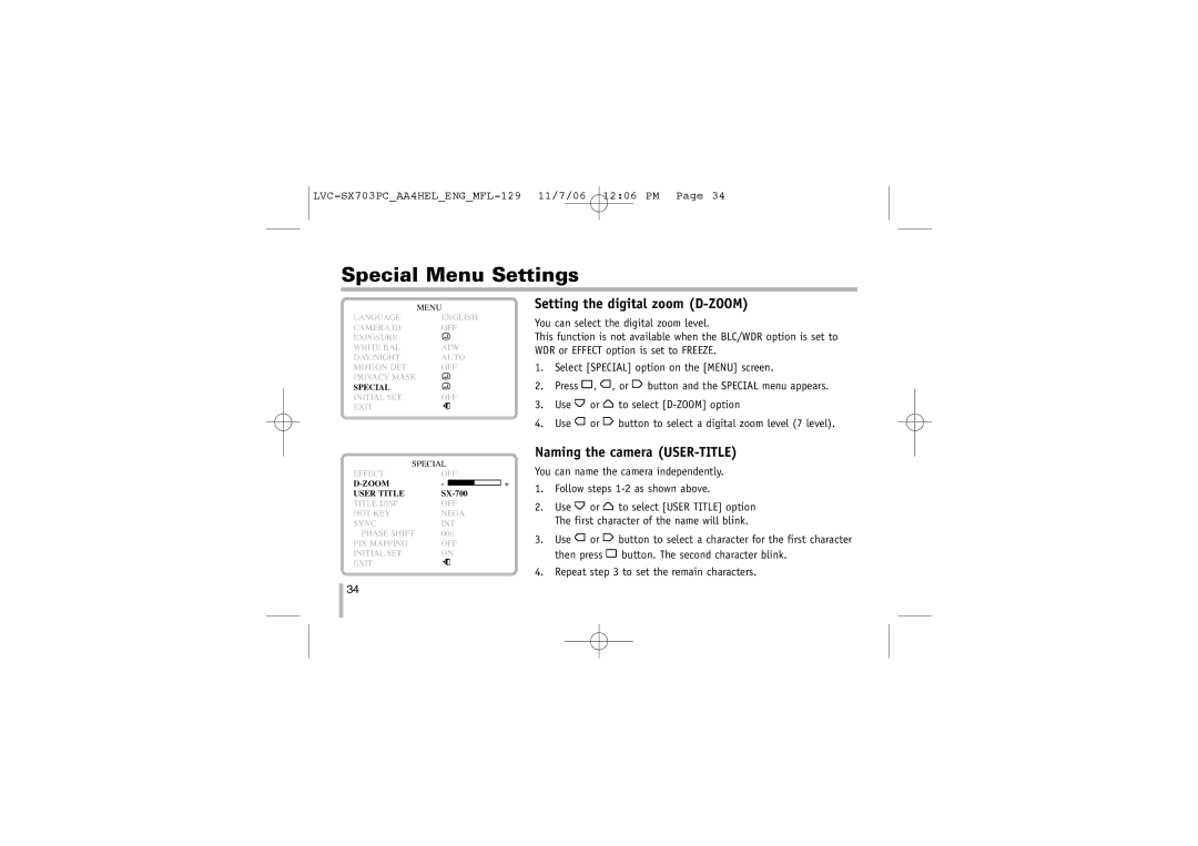 LG Electronics LVC-SX703PC/OC/MC, LVC-SX703PB/OB/MB Setting the digital zoom D-ZOOM, Naming the camera USER-TITLE 