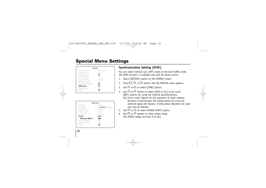 LG Electronics LVC-SX703PC/OC/MC, LVC-SX703PB/OB/MB instruction manual Synchronization Setting Sync 