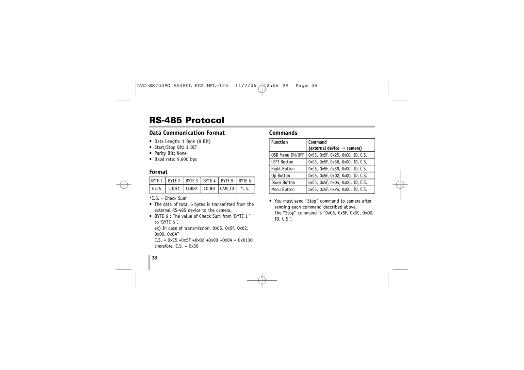 LG Electronics LVC-SX703PC/OC/MC, LVC-SX703PB/OB/MB instruction manual RS-485 Protocol, Data Communication Format, Commands 