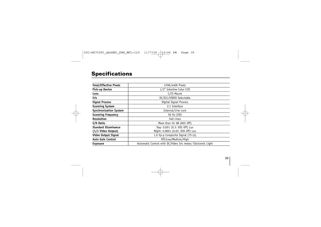 LG Electronics LVC-SX703PB/OB/MB, LVC-SX703PC/OC/MC instruction manual Specifications 