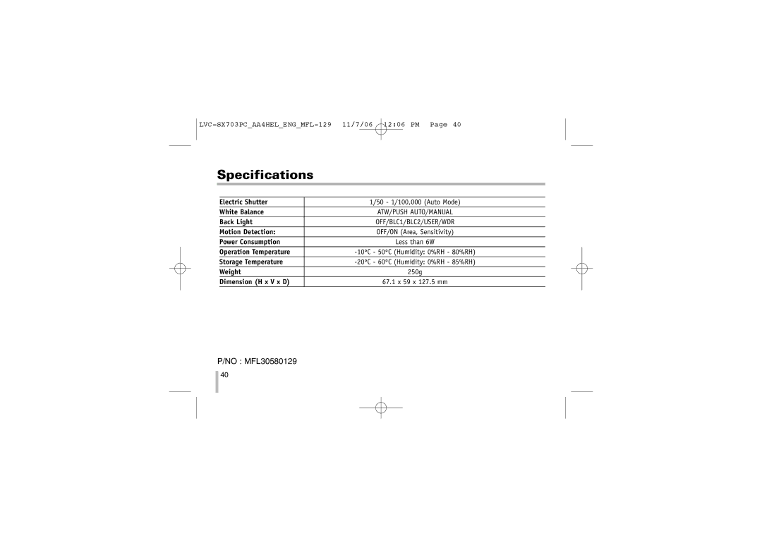 LG Electronics LVC-SX703PC/OC/MC Electric Shutter 50 1/100,000 Auto Mode White Balance, Back Light, Motion Detection 