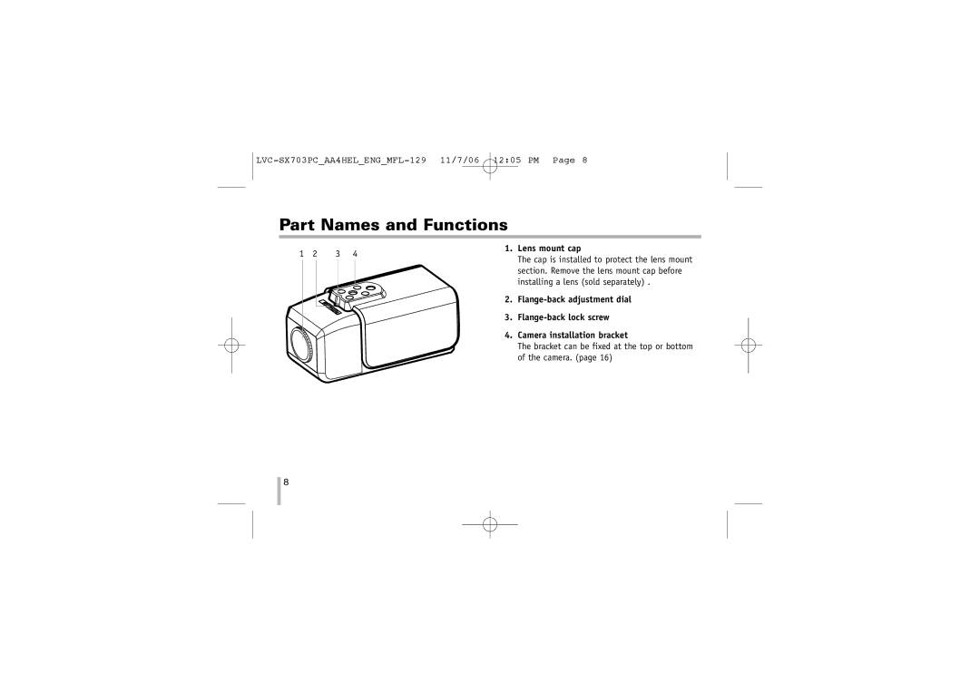 LG Electronics LVC-SX703PC/OC/MC Part Names and Functions, Lens mount cap, Installing a lens sold separately 