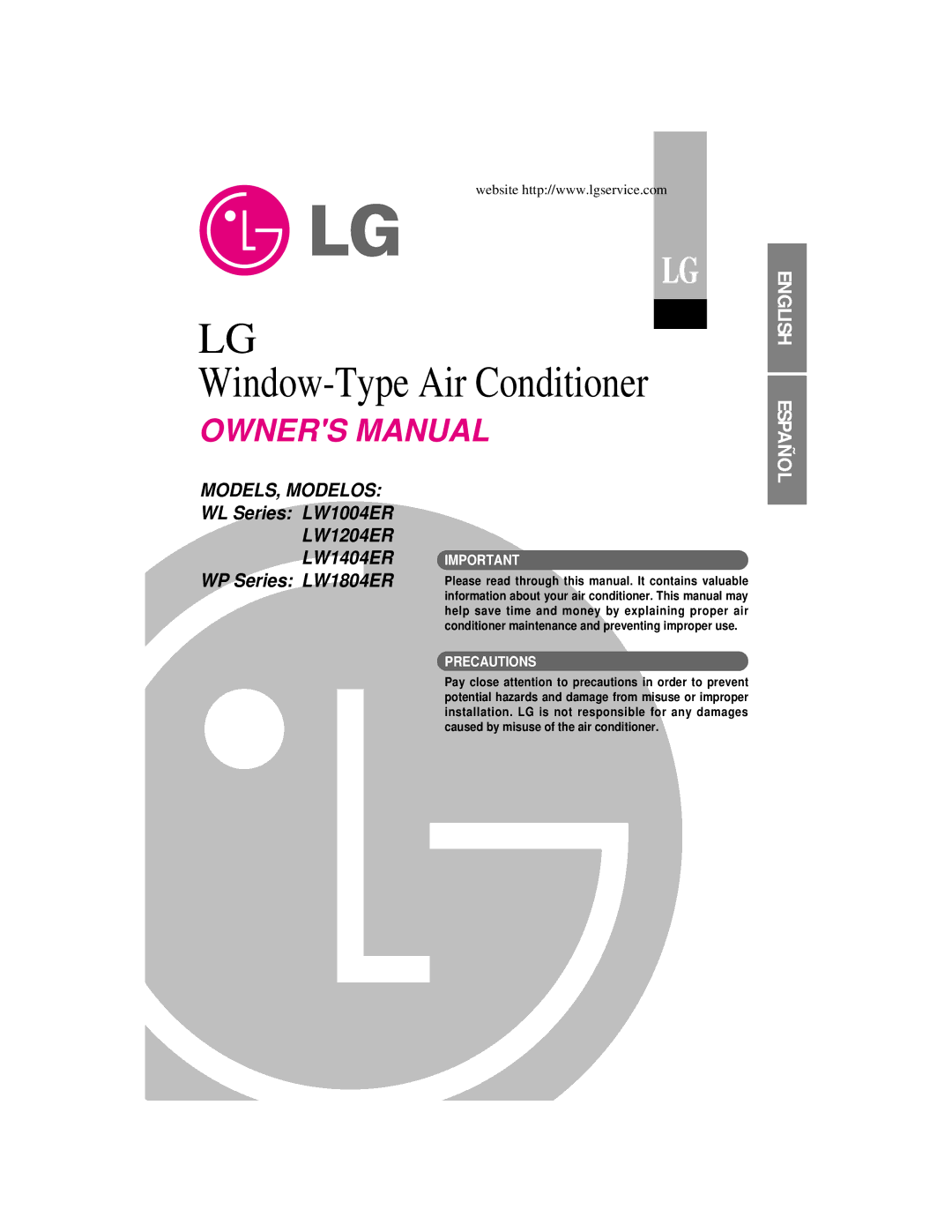 LG Electronics LW1004ER, LW1204ER, LW1404ER, LW1804ER owner manual Window-Type Air Conditioner 