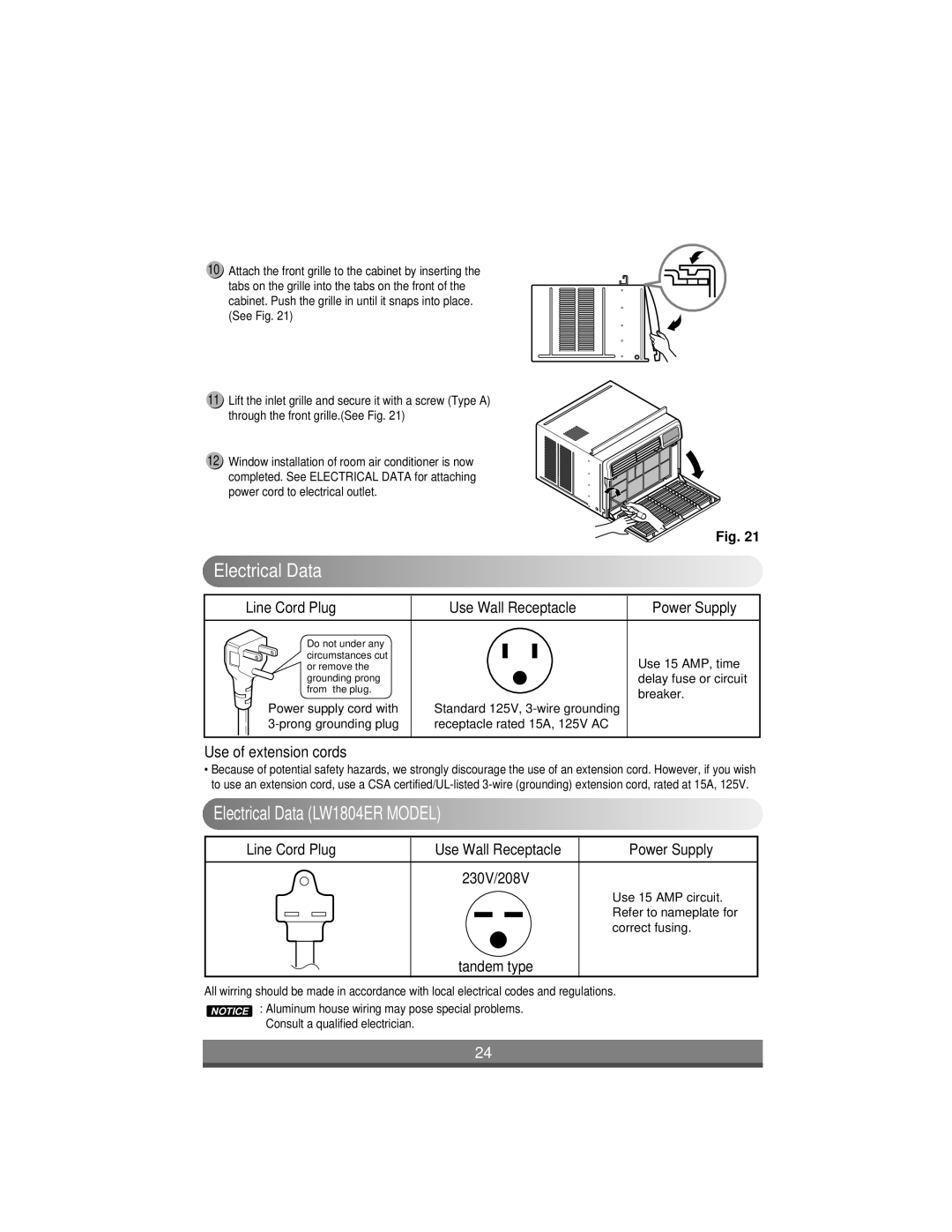 LG Electronics LW1004ER, LW1204ER, LW1404ER, LW1804ER owner manual Electrical Data LW1804ER Model 