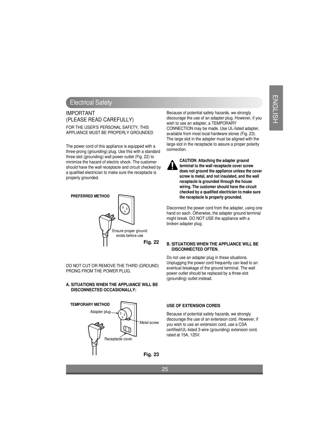 LG Electronics LW1004ER, LW1204ER, LW1404ER, LW1804ER owner manual Electrical Safety, Please Read Carefully 