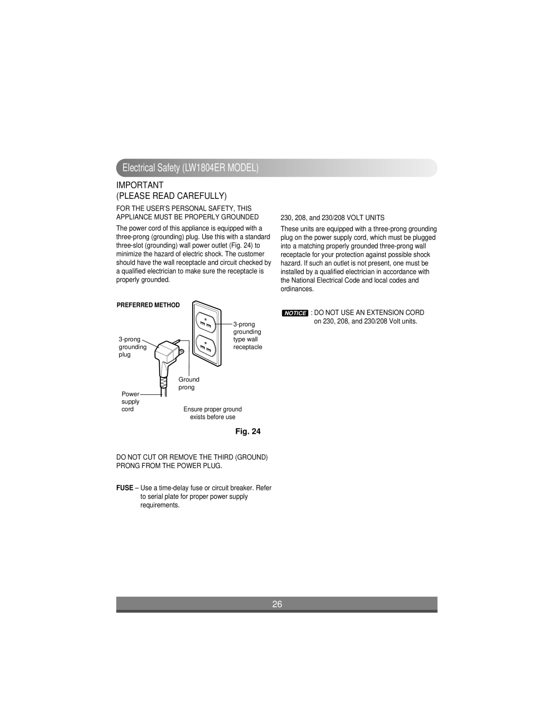 LG Electronics LW1004ER, LW1204ER, LW1404ER, LW1804ER Electrical Safety LW1804ER Model, 230, 208, and 230/208 Volt Units 