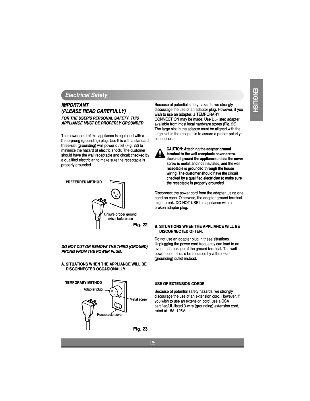 LG Electronics LW1004ER, LW1204ER, LW1404ER, LW1804ER ElectricalSafety, Please Read Carefully, Use Of Extension Cords 