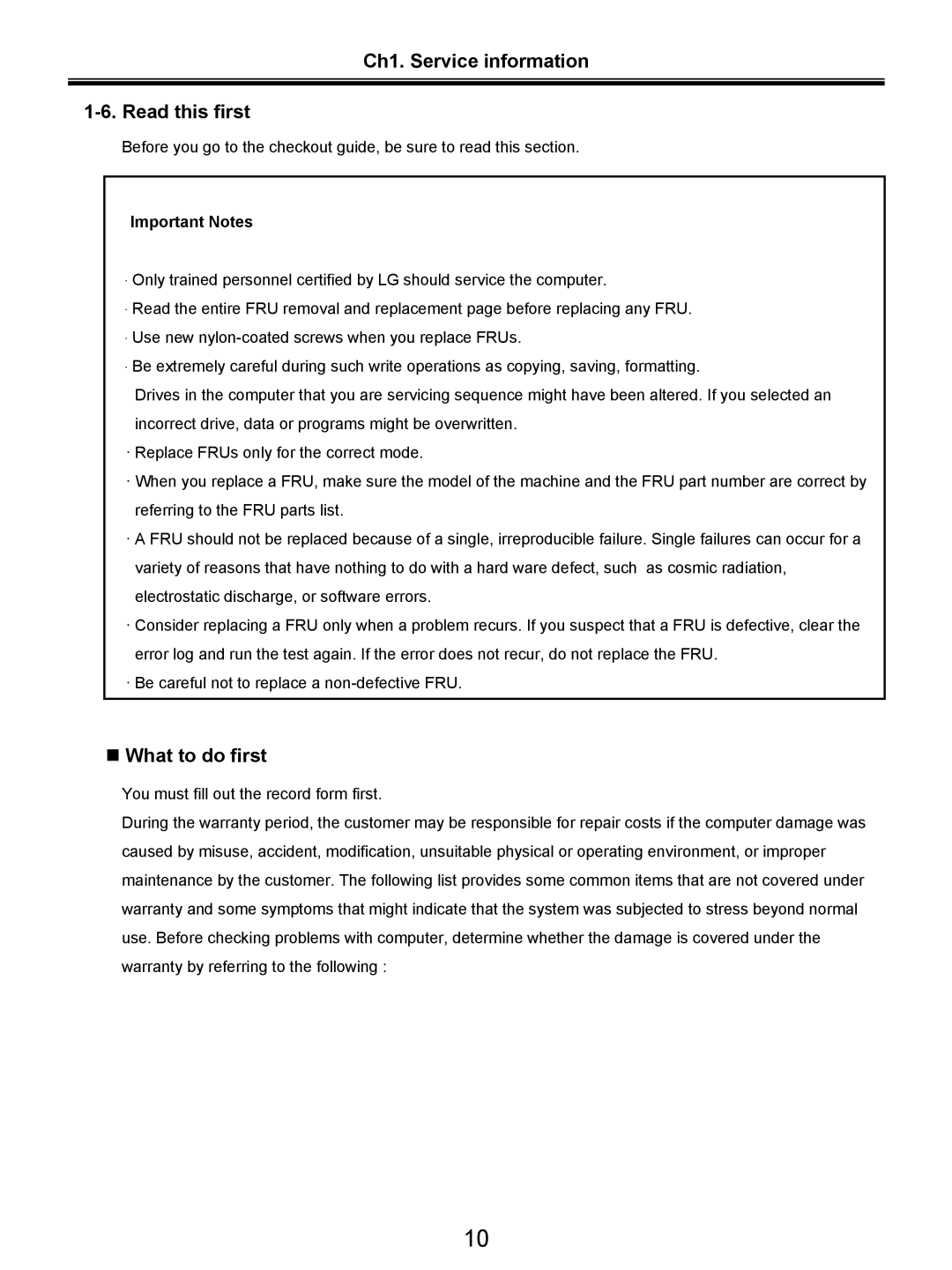 LG Electronics LW20 service manual Ch1. Service information Read this first, „ What to do first, Important Notes 