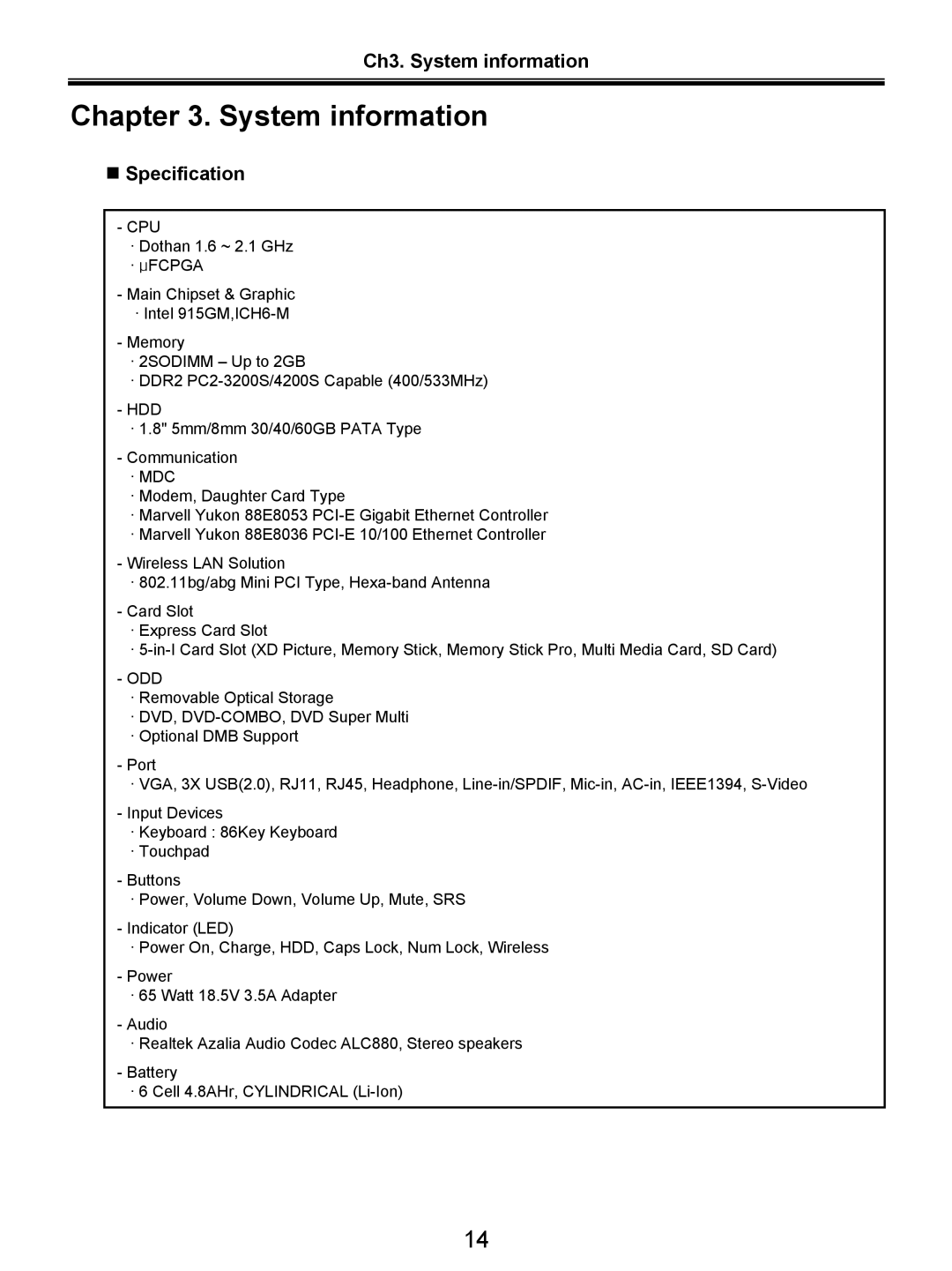 LG Electronics LW20 service manual Ch3. System information, „ Specification 