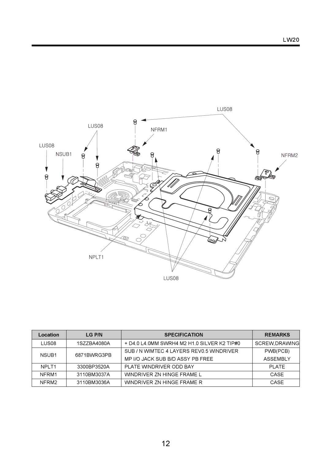 LG Electronics LW20 service manual Plate Windriver ODD BAY NFRM1 