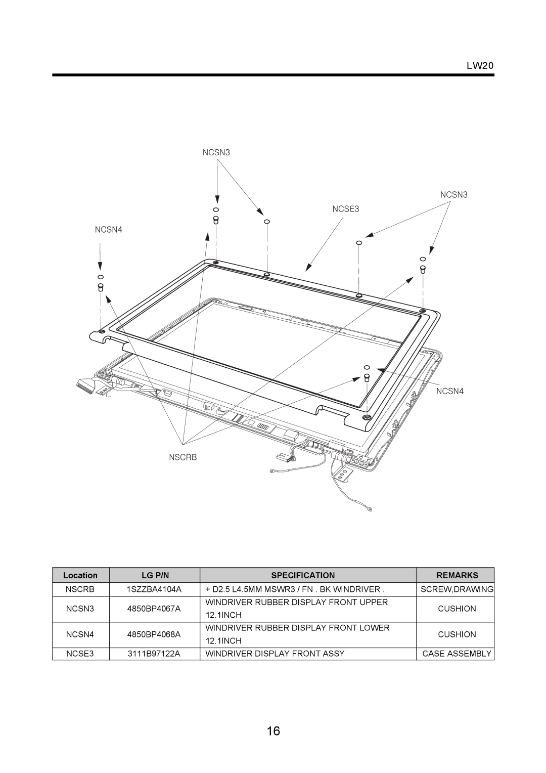 LG Electronics LW20 service manual Windriver Rubber Display Front Upper Cushion 