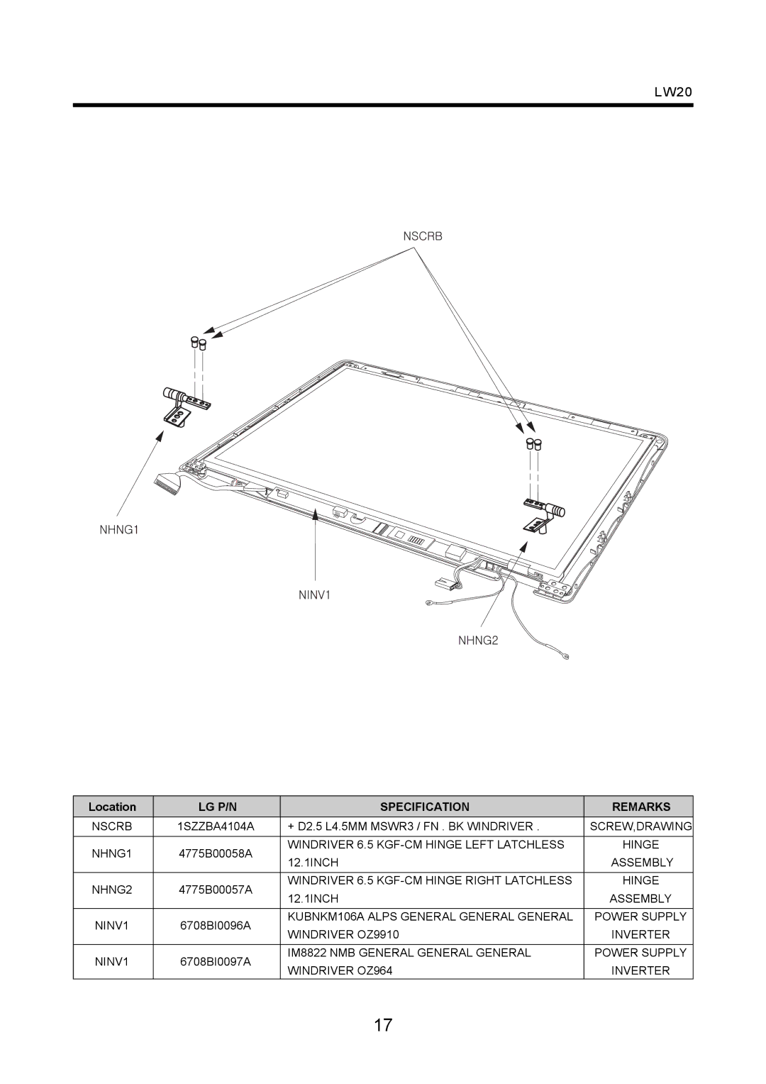 LG Electronics LW20 service manual Windriver 6.5 KGF-CM Hinge Left Latchless 