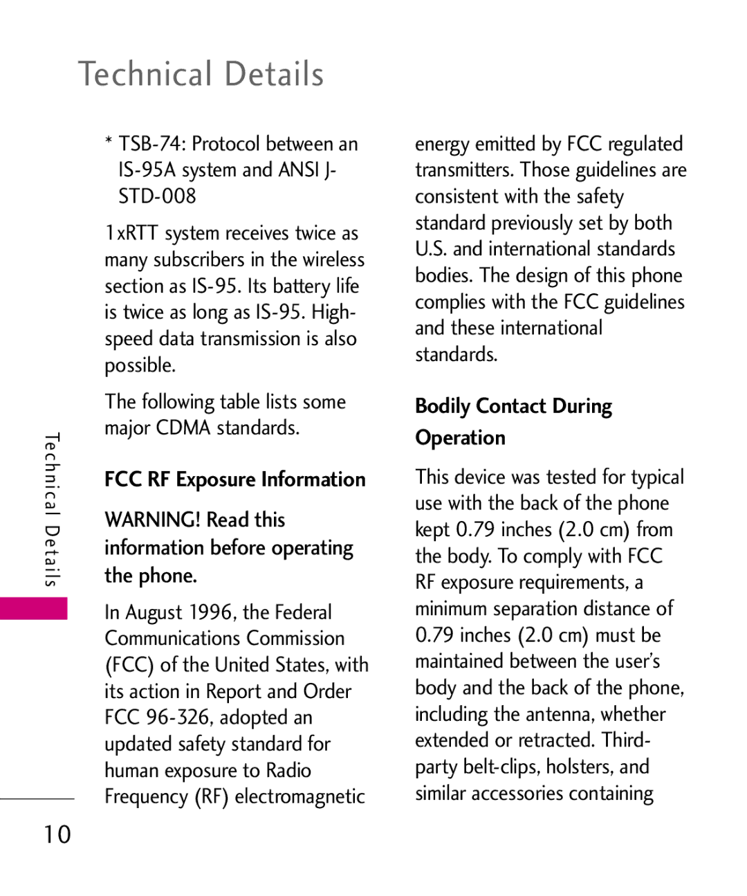 LG Electronics LW310KW, MMBB0352101 manual Technical Details, Phone, Bodily Contact During Operation 