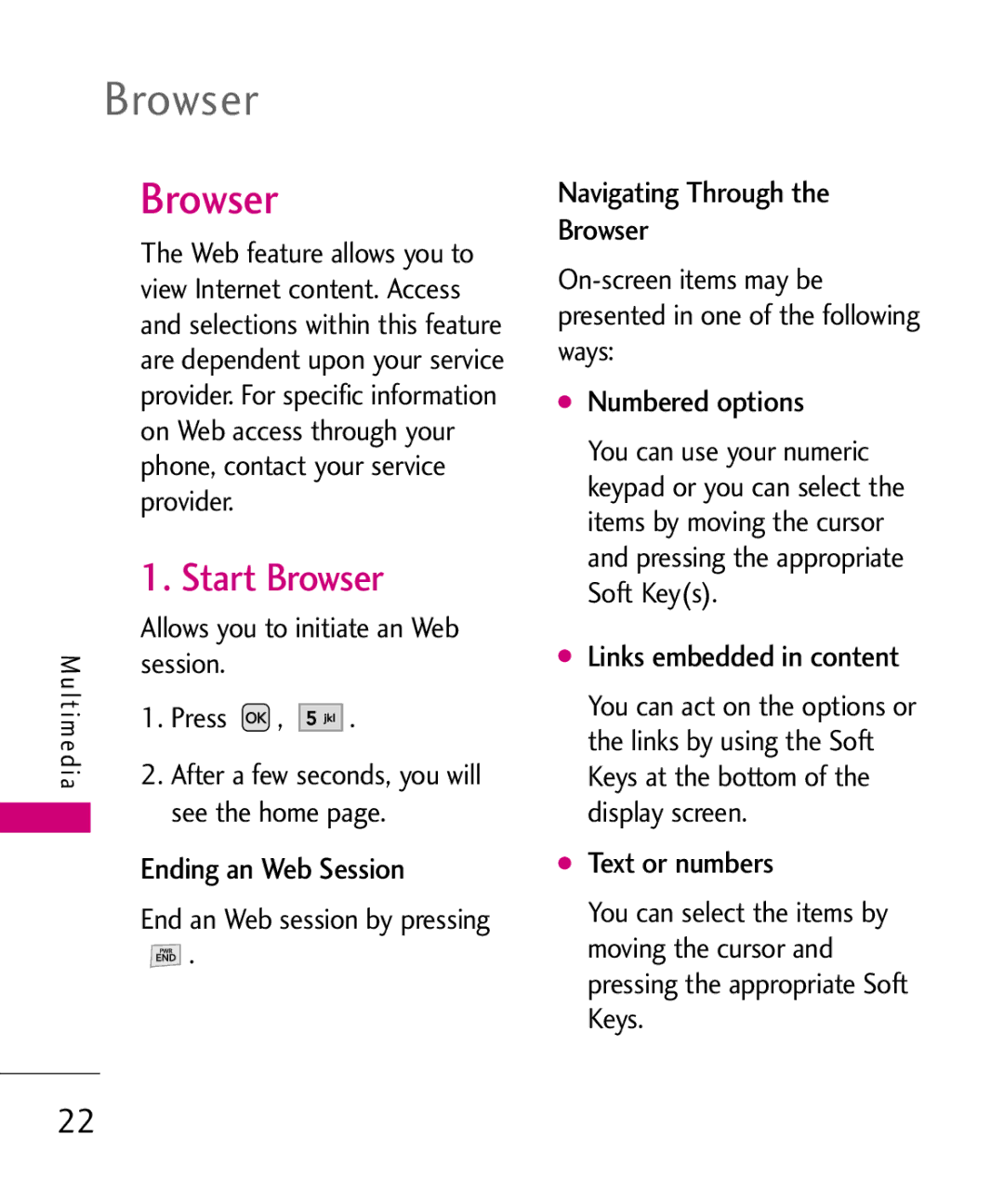 LG Electronics LW310KW, MMBB0352101 manual Start Browser, Ending an Web Session, Numbered options, Text or numbers 