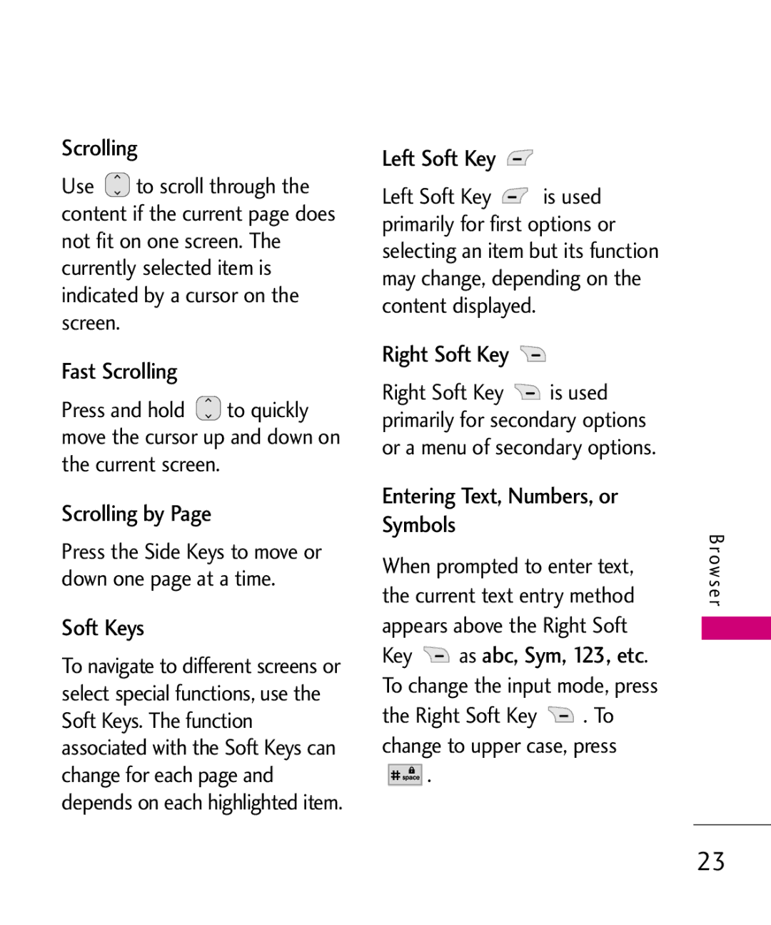 LG Electronics LW310KW, MMBB0352101 manual Fast Scrolling, Scrolling by, Soft Keys, Left Soft Key, Right Soft Key 