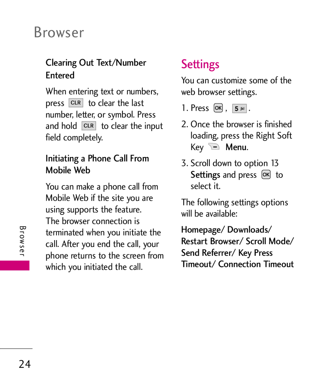 LG Electronics MMBB0352101, LW310KW manual Settings, Clearing Out Text/Number Entered, Mobile Web 
