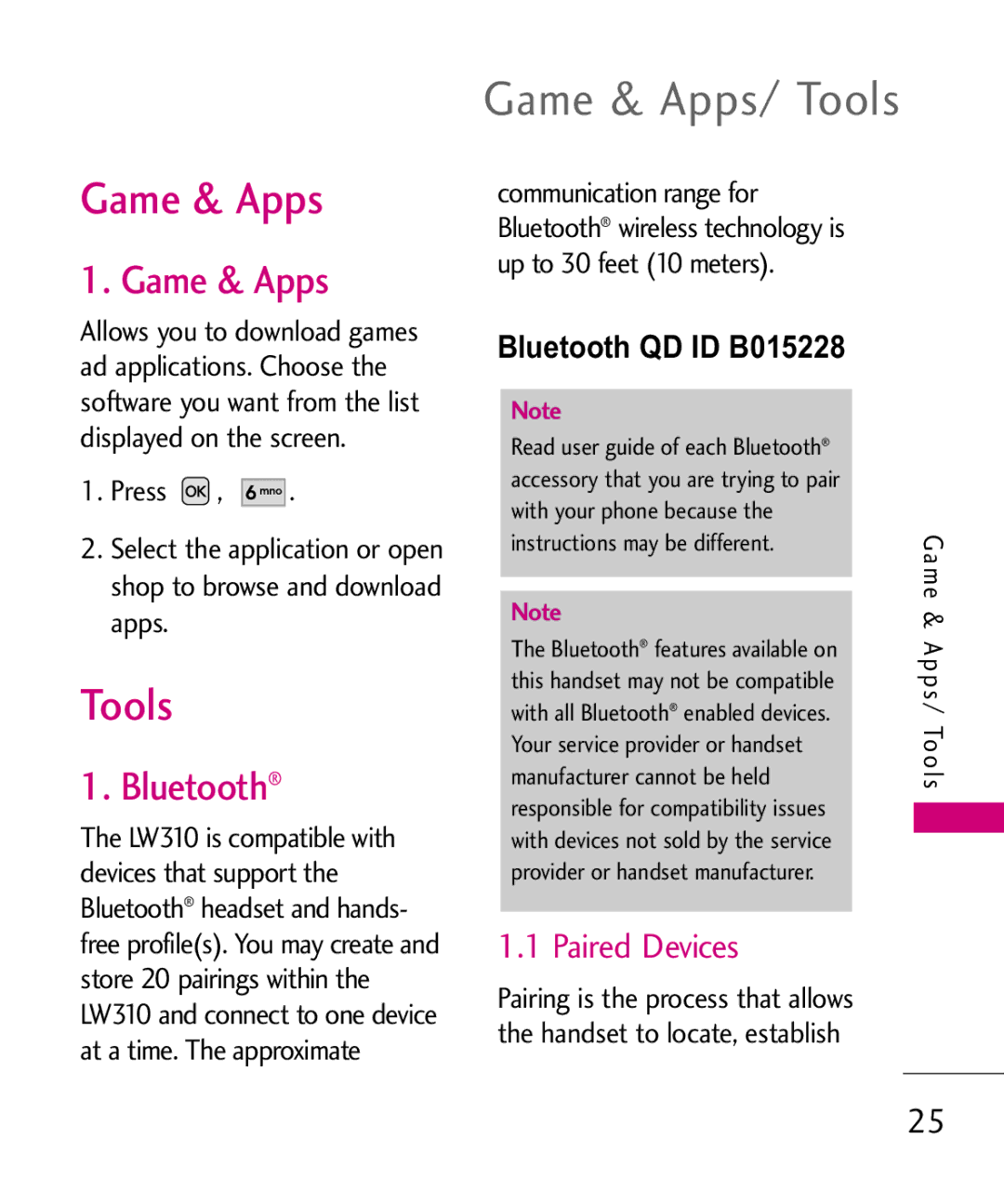 LG Electronics LW310KW, MMBB0352101 manual Game & Apps/ Tools, Paired Devices, Bluetooth QD ID B015228 